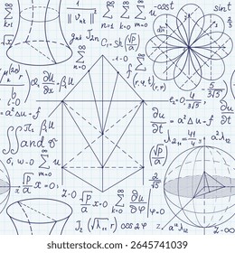 Math vector seamless pattern with handwritten mathematical and physics formulas, equations and figures