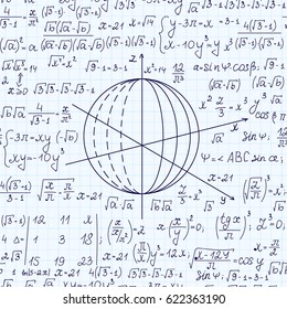 Math vector seamless pattern with handwritten spheres, plots, formulas, functions and equations