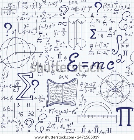 Math vector seamless pattern with handwritten formulas, figures calculations on copybook paper