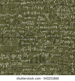 Math vector seamless pattern made of handwritten formulas on green background, shuffled together