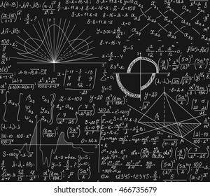 Math vector seamless pattern with mathematical formulas, technical research, plots, equations, calculations