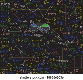 Math vector seamless pattern with multicolored handwritten charts, formulas and figures