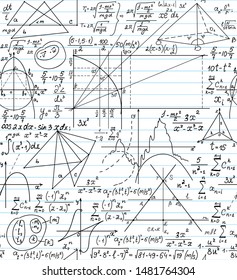 Math vector seamless pattern on the school paper with handwritten formulas