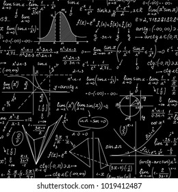 Math vector seamless texture with formulas, calculations, figures, plots and handwritten equations, chalk writings on blackboard effect
