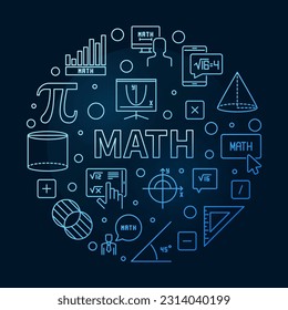 Math vector thin line circular blue banner - Mathematics concept round illustration with dark background