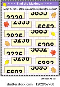 Math Visual Puzzle: Find The Maximum. Match The Halves Of The Cards. Which Number Is The Greatest? Answer Included.