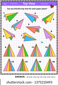 Math visual puzzle or picture riddle with colorful paper planes: Can you find the top view for each paper plane? Answer included.