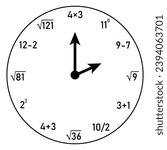 Math wall clock vector illustration. Scientific resources for teachers and students.
