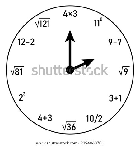 Math wall clock vector illustration. Scientific resources for teachers and students.