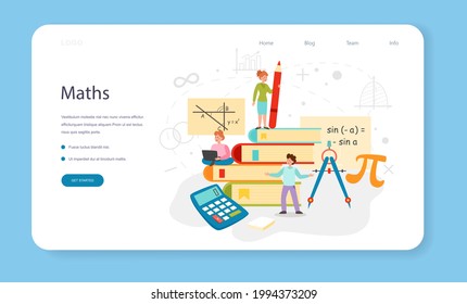 Math web banner or landing page set. Learning mathematics, geometry and algebra. Abstract task with mathematical calculation. Theoretical and engineering formula. Isolated flat vector illustration
