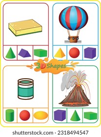 Math Worksheet 3D Formen. Zirkulieren Sie die Form, die am besten mit dem realen Objekt im Bild übereinstimmt. Identifizieren von 3D-Formen.