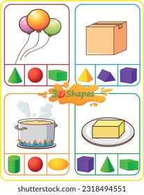 Math Worksheet 3D Formen. Zirkulieren Sie die Form, die am besten mit dem realen Objekt im Bild übereinstimmt. Identifizieren von 3D-Formen.