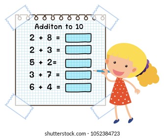 Math worksheet for addition to ten illustration