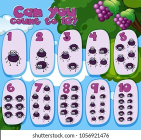 Math worksheet with counting to ten with spiders illustration