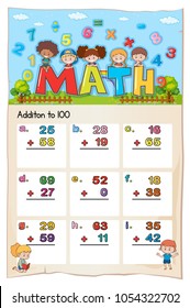 Math Worksheet Design For Addition To 100 Illustration
