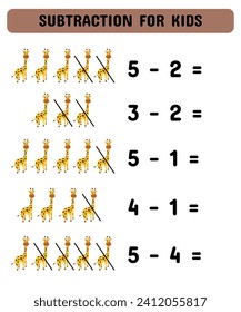 Diseño De Hoja De Cálculo De Matemáticas Para Niños. Juego de resta con jirafas. Juego educativo para niños matemáticos.  Estudiar la sustracción para niños y niños pequeños. Hoja de trabajo para la educación.