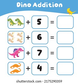 Math worksheet with dinosaur theme. Learning how to counting for preschool children. Educational printable sheet. Vector illustration. 