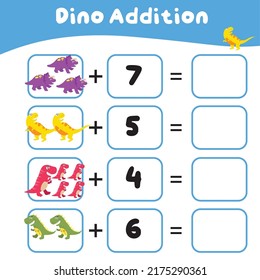 Math worksheet with dinosaur theme. Learning how to counting for preschool children. Educational printable sheet. Vector illustration. 