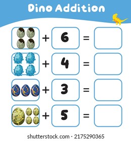Math worksheet with dinosaur theme. Learning how to counting for preschool children. Educational printable sheet. Vector illustration. 