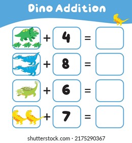 Math worksheet with dinosaur theme. Learning how to counting for preschool children. Educational printable sheet. Vector illustration. 