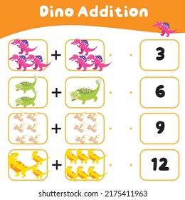 Math worksheet with dinosaur theme. Learning how to counting for preschool children. Educational printable sheet. Vector illustration. 