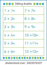 Math worksheet for kids. Adding doubles. Addition practice for children	