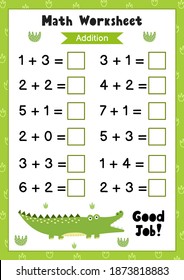 Math worksheet for kids. Addition. Matematic activity page with a cute alligator. A4 writing numbers template. Vector illustration