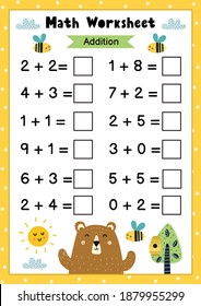 Math worksheet for kids. Addition. Mathematic activity page with a cute bear. Calculate and write the result template. Vector illustration