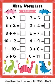 Math worksheet for kids. Addition. Mathematic activity page with cute dinosaurs. Calculate and write the result template. Vector illustration