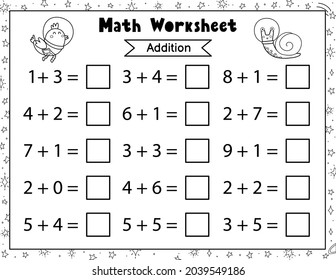 Math worksheet for kids. Addition and Subtraction. Space black and white mathematic activity page with cute aliens. Calculate and write the result template. Vector illustration