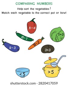 Math worksheet for kids comparing numbers with vegetables