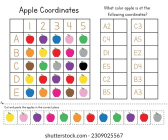 Math worksheet for kids. Coordinates practice with apples for school and homeschool children