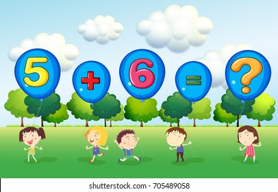 Math worksheet with kids in park illustration