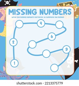 Math worksheet for kids ready to print file. Counting exercise for children with pirate theme. Write the missing number correctly. Educational printable math worksheet. Counting practice. Vector file.