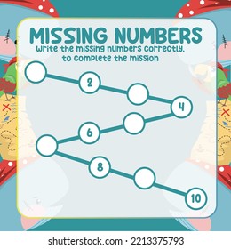 Hoja de cálculo matemática para niños listos para imprimir archivo. Ejercicio de conteo para niños con temática pirata. Escriba correctamente el número que falta. Hoja de cálculo de matemáticas imprimibles educacionales. Práctica de conteo. Archivo vector.
