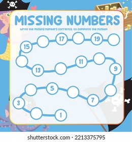 Hoja de cálculo matemática para niños listos para imprimir archivo. Ejercicio de conteo para niños con temática pirata. Escriba correctamente el número que falta. Hoja de cálculo de matemáticas imprimibles educacionales. Práctica de conteo. Archivo vector.