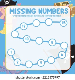 Hoja de cálculo matemática para niños listos para imprimir archivo. Ejercicio de conteo para niños con temática pirata. Escriba correctamente el número que falta. Hoja de cálculo de matemáticas imprimibles educacionales. Práctica de conteo. Archivo vector.
