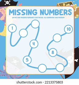 Math worksheet for kids ready to print file. Counting exercise for children with pirate theme. Write the missing number correctly. Educational printable math worksheet. Counting practice. Vector file.