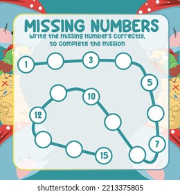 Math worksheet for kids ready to print file. Counting exercise for children with pirate theme. Write the missing number correctly. Educational printable math worksheet. Counting practice. Vector file.