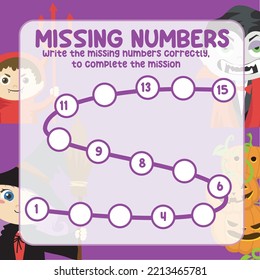 Math worksheet for kids ready to print file. Counting exercise for children Halloween theme. Write the missing number correctly. 