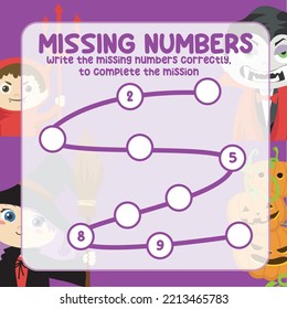 Math worksheet for kids ready to print file. Counting exercise for children Halloween theme. Write the missing number correctly. 