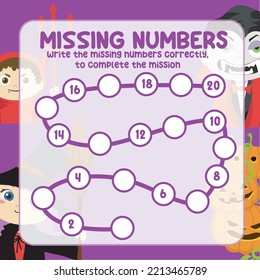 Math worksheet for kids ready to print file. Counting exercise for children Halloween theme. Write the missing number correctly. 