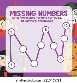 Math worksheet for kids ready to print file. Counting exercise for children Halloween theme. Write the missing number correctly. 