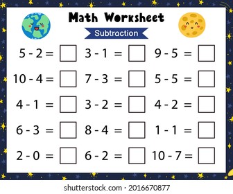 Math worksheet for kids. Subtraction. Space mathematic activity page with cute aliens. Calculate and write the result template. Vector illustration