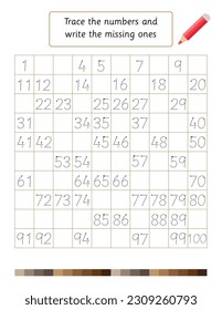 Math worksheet for kids. Tracing practice. Missing numbers activity. Educational preschool and kindergarten game