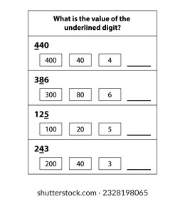 Math worksheet for kids. What is the value of the underlined digit? Mathematic activity page with. Calculate and write the result template. Vector illustration