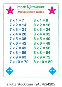 Math worksheet Multiplication Tables 7 and 8