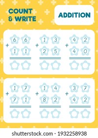 Math worksheet practice print page. Double digit addition. Column method. Count and write. 