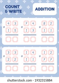 Math worksheet practice print page. Double digit addition. Column method. Count and write. 