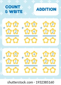 Math worksheet practice print page. Double digit addition. Column method. Count and write. 